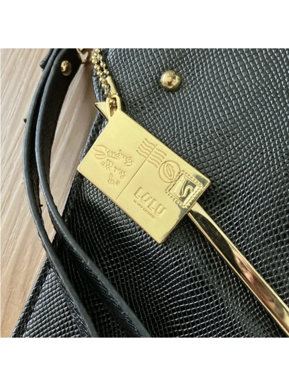 Lulu Guinness Handbag Black & Gold Envelope Bag Clutch Wristlet Vegan Embossed..